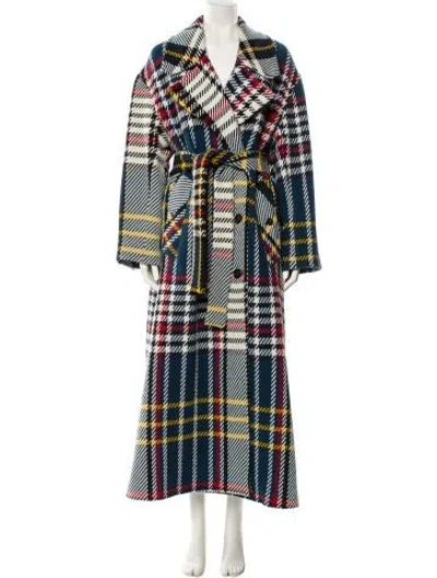 Pre-owned Sara Roka Wool Plaid Print Trench Coat In Neutral