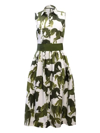 Sara Roka Zalla Horse-print Midi Dress In Green