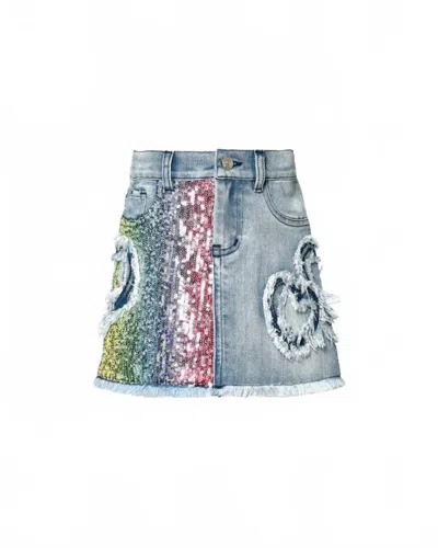 Sara Sara Kids' Girl's Denim Skirt With Sequin And Heart Details In Blue