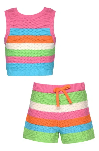 Sara Sara Kids' Crochet Stripe Top & Shorts Set In Pink Multi