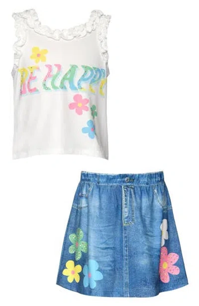 Sara Sara Kids' Happy Ruffle Tank & Denim Skirt Set In White Multi