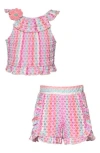 Sara Sara Kids' Open Knit Ruffle Crop & Shorts Set In Pink Multi
