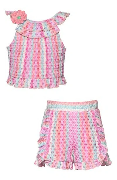 Sara Sara Kids' Open Knit Ruffle Crop & Shorts Set In Pink Multi