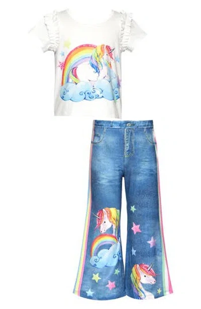Sara Sara Kids' Rainbow Unicorn Tee & Pants Set In White Multi