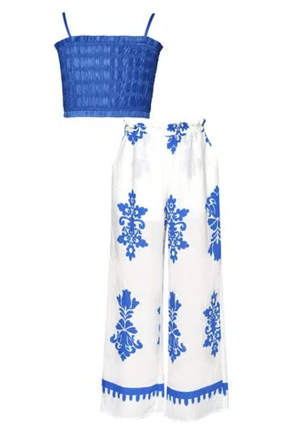 Sara Sara Kids' Smocked Crop Top & Wide Leg Pants Set In Blue