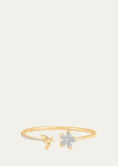 Sara Weinstock 18k Two-tone Gold Queen Bee Diamond Partial Flower And Bee Open Bangle Cuff