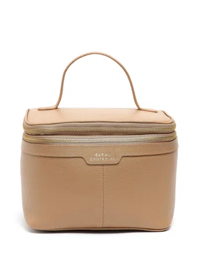 Sarah Chofakian Logo-print Leather Make Up Bag In Neutrals