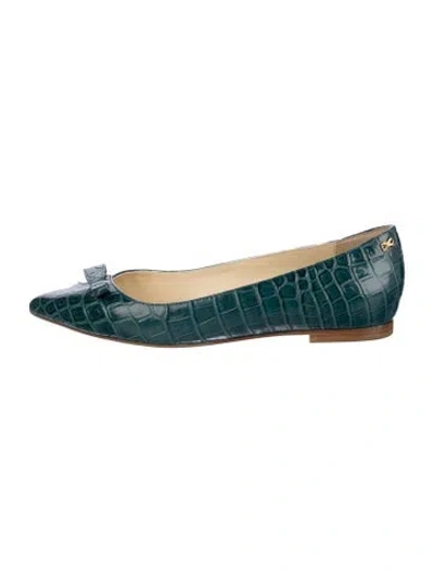 Pre-owned Sarah Flint Embossed Leather Bow Accents Ballet Flats In Blue
