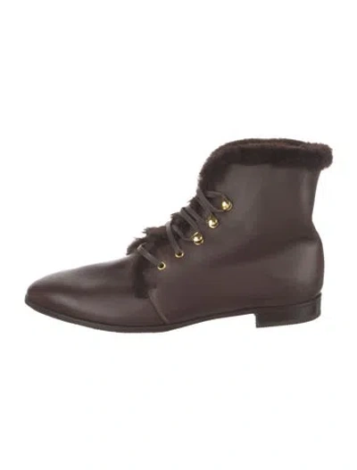 Pre-owned Sarah Flint Leather Fur Trim Boots In Brown
