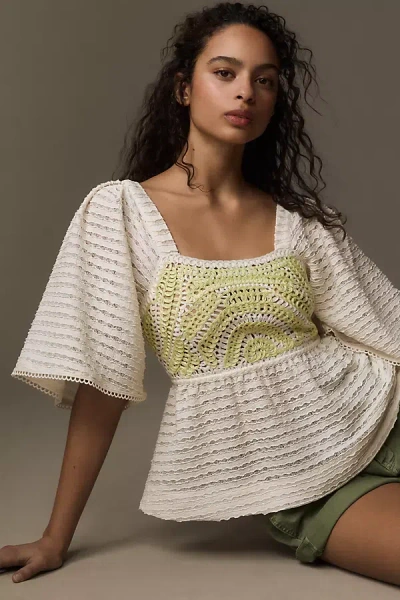 Sarah Hann Flutter-sleeve Crochet Top In White