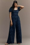 Sarah Hann Linen Blend Puff-sleeve Jumpsuit In Blue