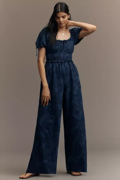 Sarah Hann Linen Blend Puff-sleeve Jumpsuit In Blue