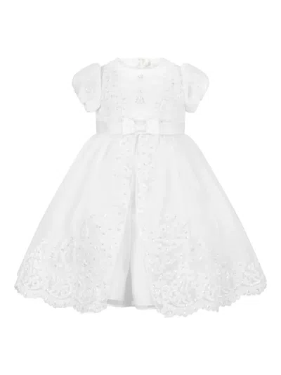 Sarah Louise Babies' Floral-embroidered Beaded Flared Dress In White