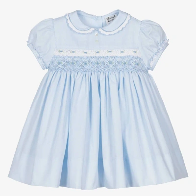 Sarah Louise Babies' Girls Blue Cotton Hand-smocked Dress