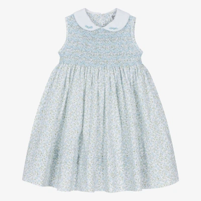 Sarah Louise Kids' Girls Blue Floral Hand-smocked Dress
