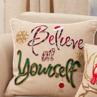 Saro Ariadne 'believe In Yourself' Holiday Square 100% Cotton Pillow Cover & Insert In Polyester,polyfill