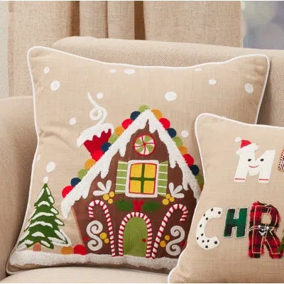 Saro Ariadne Gingerbread House Holiday Square Cotton Pillow Cover & Insert In Feathers