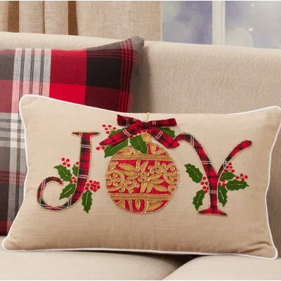 Saro Ariadne 'joy' Design Holiday Rectangular 100% Cotton Pillow Cover & Insert In Feathers