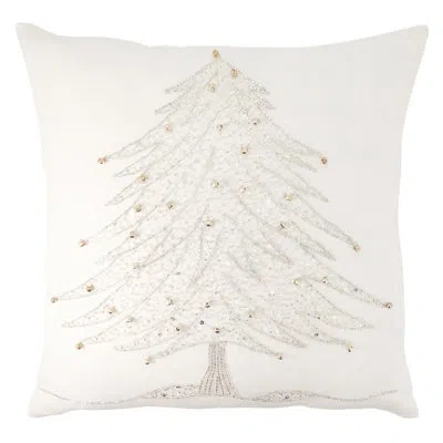 Saro Beaded Christmas Tree Down Filled Throw Pillow - Holiday Throw Pillow With Embellished Christmas Tre In Ivory; Silver