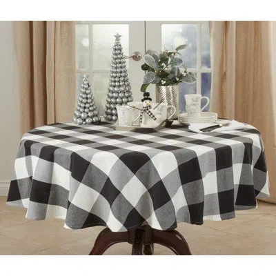 Saro Birmingham Plaid 100% Cotton Round Tablecloth In Black,white