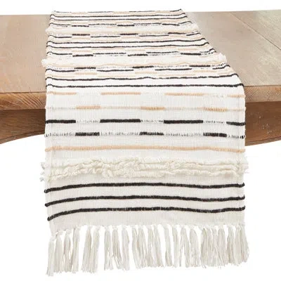 Saro Bohemian Fringed Corded Table Runner In Ivory