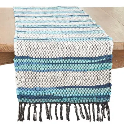Saro Bohemian Stripe Chindi Table Runner With Fringe In Aqua