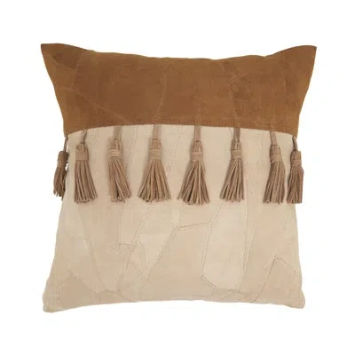 Saro Boho Patchwork Leather Tassel Pillow Cover In Duck Down