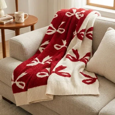 Saro Bow Pattern Throw Blanket - Cozy Knit Holiday Throw Blanket For Sofa, Bed, Couch, And Seasonal Home  In Red