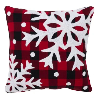 Saro Buffalo Plaid Big Snowflake Design Cotton Throw Pillow