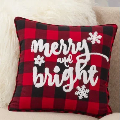 Saro Buffalo Plaid Christmas Collection 'merry And Bright' Square Pillow Cover & Insert In Feathers