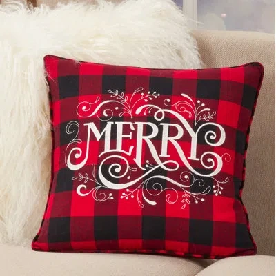 Saro Buffalo Plaid Christmas Collection 'merry' Square Pillow Cover