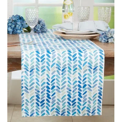 Saro Chevron Table Runner With Watercolor Design In Blue;white