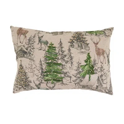 Saro Christmas Village Throw Pillow Cover - Holiday Throw Pillow Cover With Woodland Deer Winter Village  In Multi