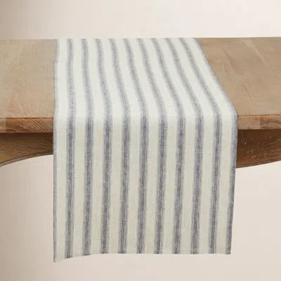 Saro Classic Striped Pure Linen Table Runner In Blue