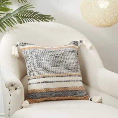 Saro Color Band Fringed Outdoor Poly Filled Throw Pillow