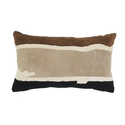 Saro Color Block Leather Down Filled Throw Pillow - Modern Leather Throw Pillow With Suede Panels And Art In Brown