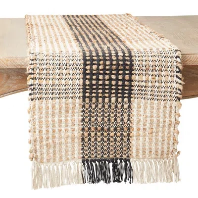 Saro Cotton Table Runner With Checkered Design In Black,white