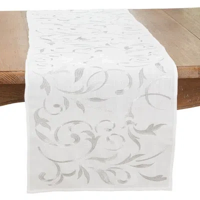 Saro Delicate Leaves Embroidered Table Runner In Silver