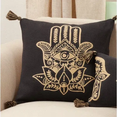 Saro Dinah Hamsa Hand Square 100% Cotton Pillow Cover & Insert In Feathers