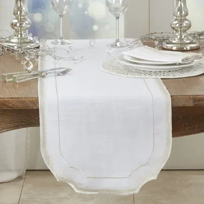 Saro Elegant Embroidery Detail Table Runner In White,champagne