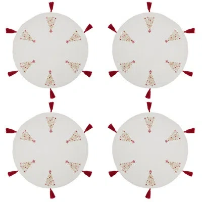 Saro Embroidered Christmas Trees 4 Piece Cotton Placemat Set In Red,white