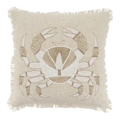 Saro Embroidered Crab Throw Pillow Cover - Coastal Nautical Accent Throw Pillow Cover With Fringe Edge Fo In Does Not Apply