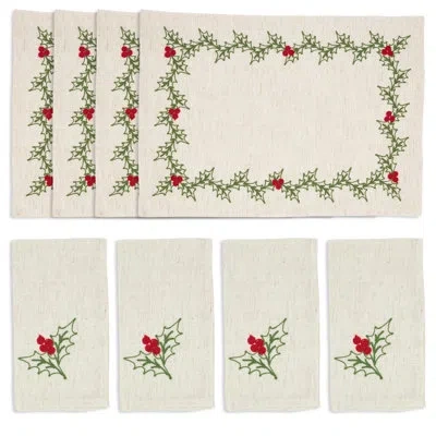 Saro Embroidered Holly Placemat & Napkin Set (4 Placemats + 4 Napkins) In Natural