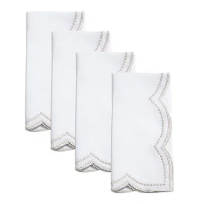 Saro Embroidered Polka Dot Napkin W/ Scallop Edge (set Of 4) In White,champagne