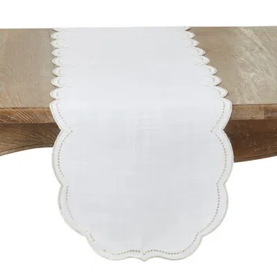 Saro Embroidered Polka Dot Table Runner W/ Scallop Edge In White,champagne
