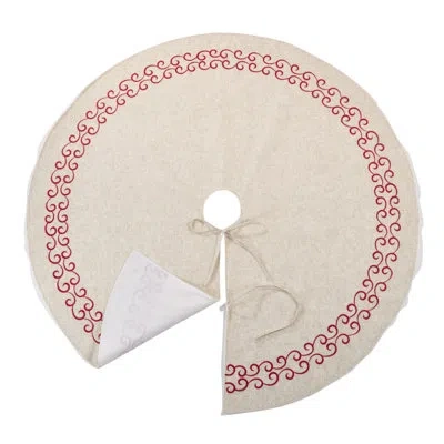 Saro Embroidered Scroll Border Tree Skirt – Linen Blend Holiday Tree Base Cover With Decorative Trim For  In Orange