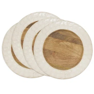 Saro Enamel-framed Wooden Charger Plate (set Of 4) In Ivory