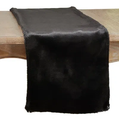 Saro Faux Rabbit Fur Collection Solid Color Table Runner In Black
