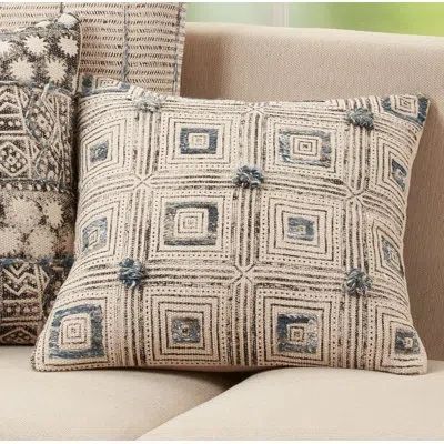 Saro Faye Block Print Square 100% Cotton Pillow In Pillow Cover Only - No Insert