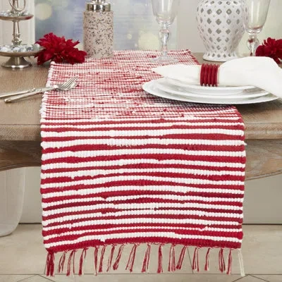 Saro Festive Candy Cane Chindi Table Runner In Red